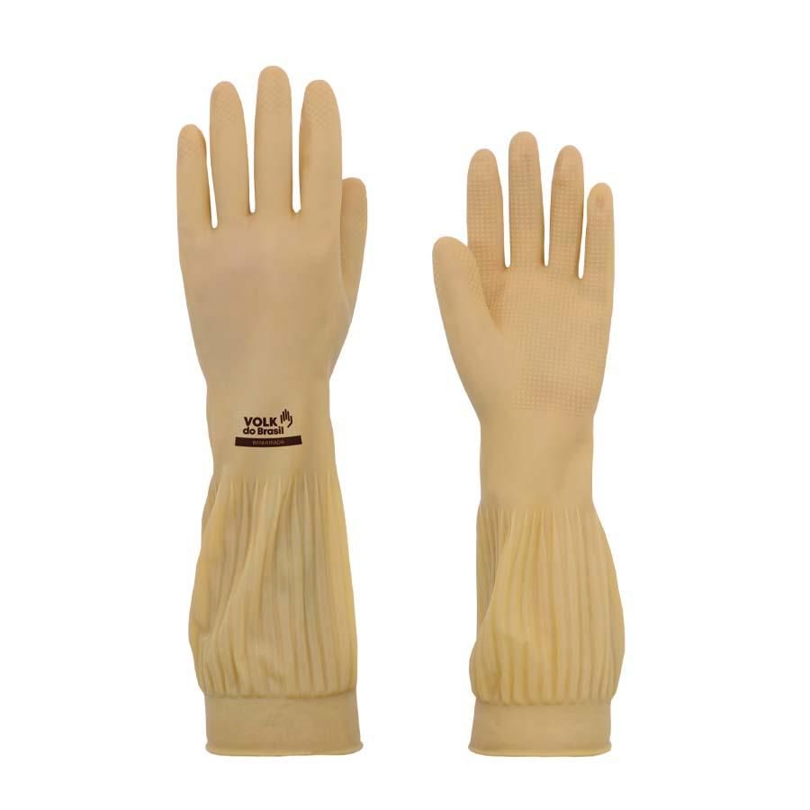 Luva de Segurança em Látex Natural Sem Forro Cano Longo Volk Ranhurada Bege CA 15100