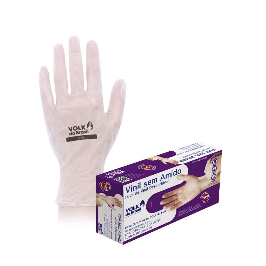 Luva Descartável de Procedimento Vinil Sem Pó Transparente Volk CA 20722 - Caixa com 100 un