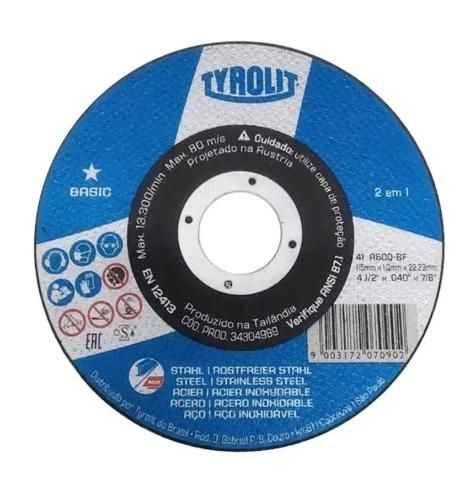 Disco de Corte Tyrolit Basic 4.1/2 Pol 115 X 1,0 X 22,23mm - 34304989