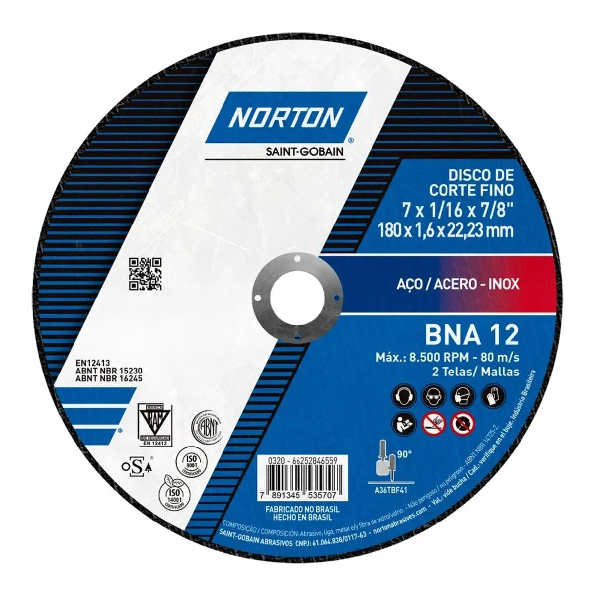 Disco de Corte Norton BNA12 7   Pol. 180 X 1,6 X 22,23mm Azul - 66252846559