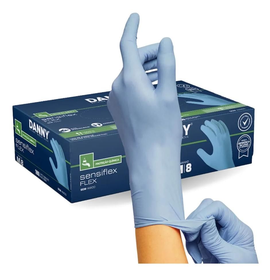 Luva Descartável de Procedimento Nitrilica Sem Pó Azul Danny DA-90200 CA 42979 - Caixa com 100 un