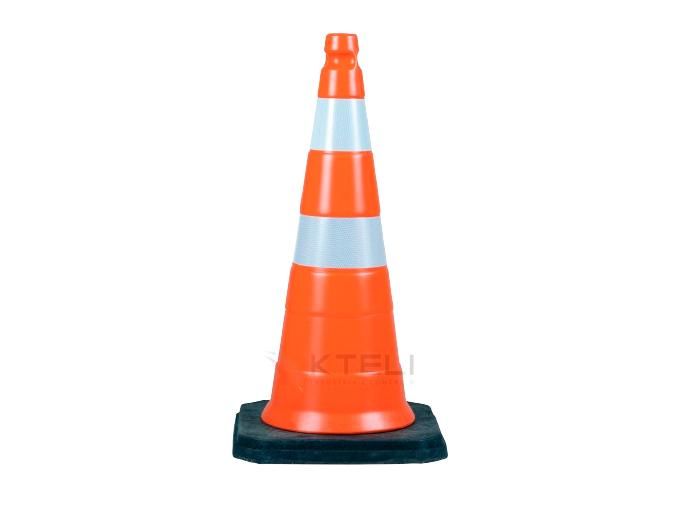 Cone Sinalização 75 Cm Com Base de Borracha Semiflexível Laranja Com Faixas Brancas Refletivas Kteli
