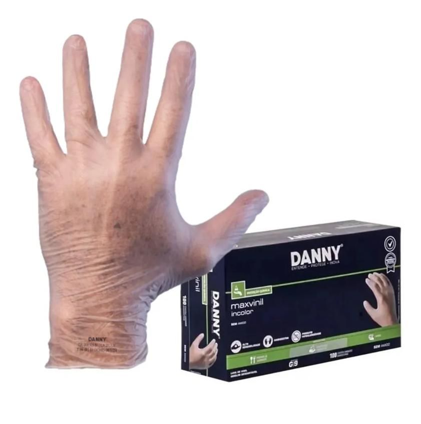 Luva Descartável de Procedimento Vinil Sem Pó Transparente Danny DA-301CS CA 21120 - Caixa com 100un
